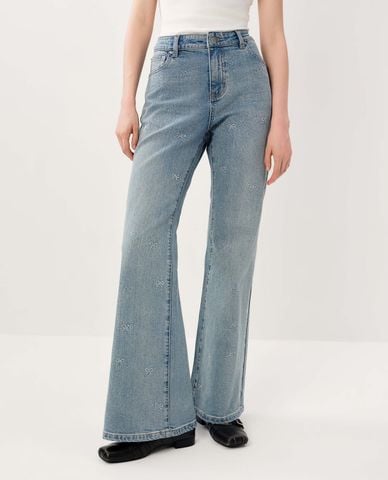 URBAN REVIVO - Quần jeans nữ ống loe đính đá 