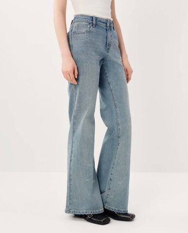  URBAN REVIVO - Quần jeans nữ ống loe đính đá 