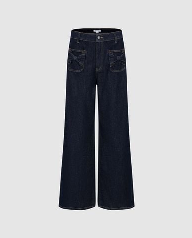  URBAN REVIVO - Quần jeans nữ ống rộng phối nơ 