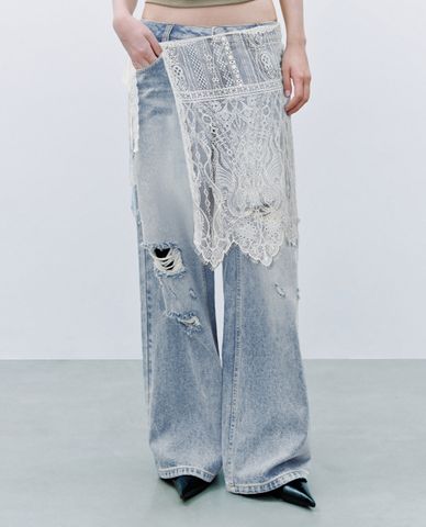  URBAN REVIVO - Quần jeans nữ ống rộng phối ren 