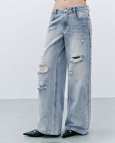  URBAN REVIVO - Quần jeans nữ ống rộng phối ren 