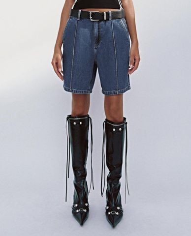  URBAN REVIVO - Quần short jeans nữ phối thắt lưng 