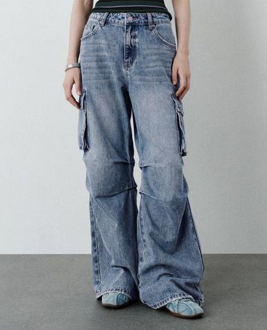  URBAN REVIVO - Quần jeans nữ ống rộng túi hộp 