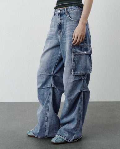  URBAN REVIVO - Quần jeans nữ ống rộng túi hộp 