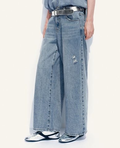  URBAN REVIVO - Quần jeans nữ ống rộng wash bạc kèm thắt lưng 