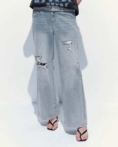  URBAN REVIVO - Quần jeans nữ ống rộng kèm thắt lưng 