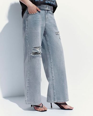  URBAN REVIVO - Quần jeans nữ ống rộng kèm thắt lưng 
