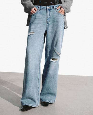 URBAN REVIVO - Quần jeans nữ ống rộng rách gối 