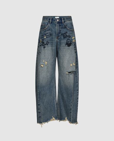  URBAN REVIVO - Quần jeans nữ ống rộng in họa tiết 