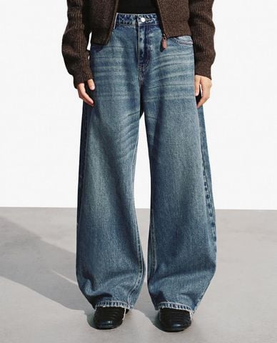  URBAN REVIVO - Quần jeans nữ ống rộng wash bạc 