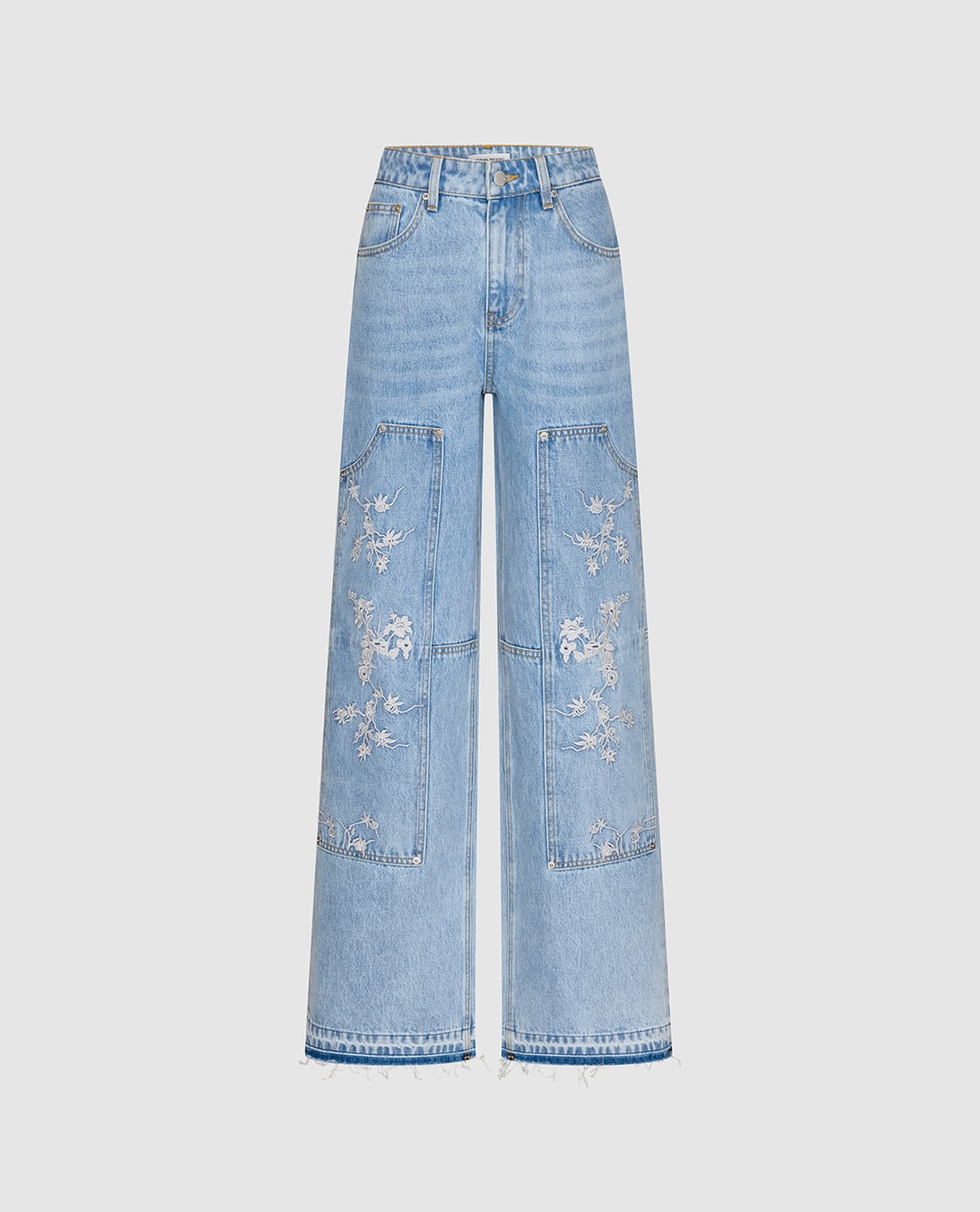 URBAN REVIVO - Quần jeans nữ ống rộng thêu hoa nổi