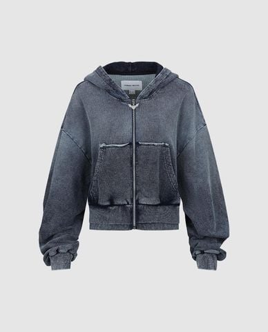  URBAN REVIVO - Áo khoác denim nữ phối mũ tay dài bo gấu 