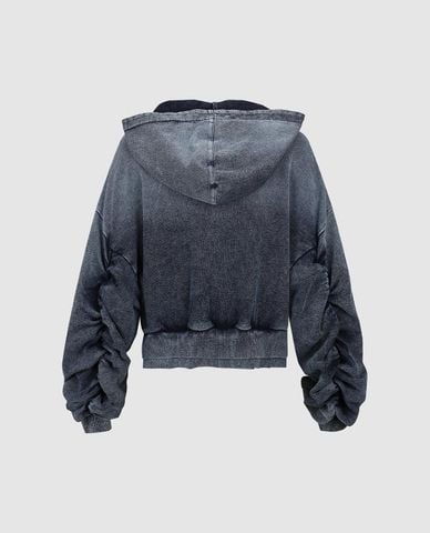  URBAN REVIVO - Áo khoác denim nữ phối mũ tay dài bo gấu 