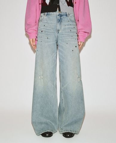  URBAN REVIVO - Quần jeans nữ ống rộng wash bạc đính đá 