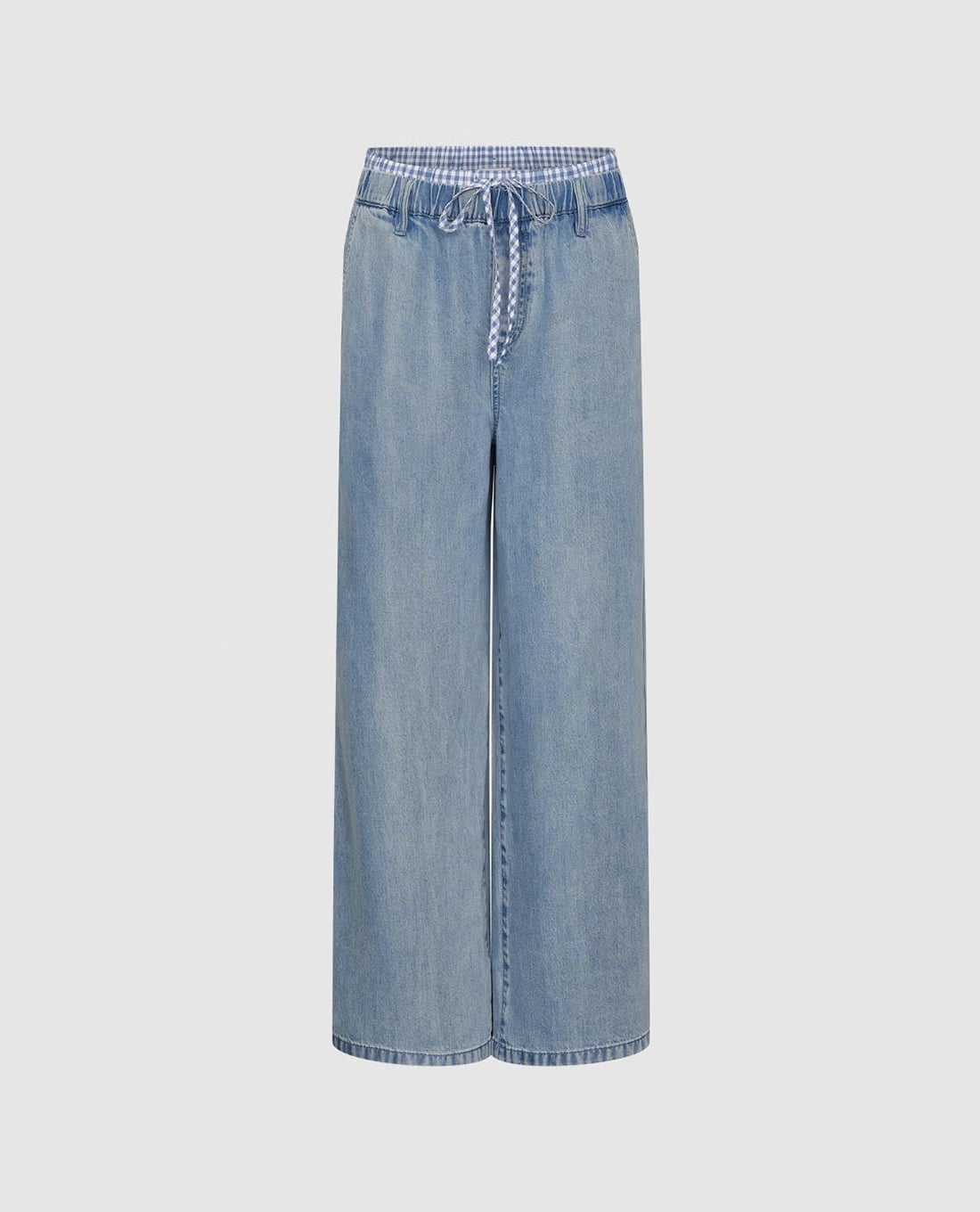 URBAN REVIVO - Quần jeans nữ ống rộng lưng thun phối dây rút