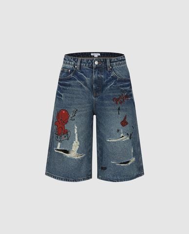  URBAN REVIVO - Quần short jeans nữ in họa tiết rách gối 