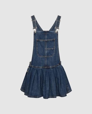  URBAN REVIVO - Đầm yếm denim mini xếp li dáng xòe 