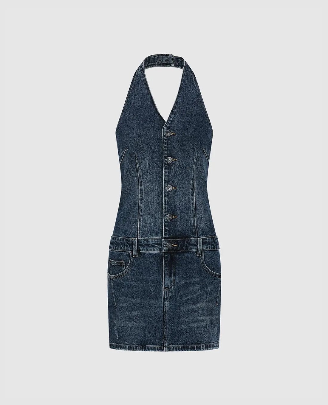 URBAN REVIVO đầm denim mini cổ yếm wash bạc
