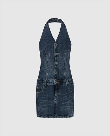  URBAN REVIVO - Đầm denim mini cổ yếm wash bạc 