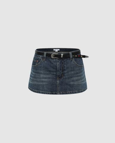  URBAN REVIVO - Quần short jeans nữ giả váy kèm thắt lưng 