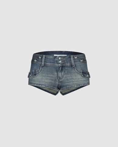  URBAN REVIVO - Quần short jeans nữ wash bạc khuy đúp 