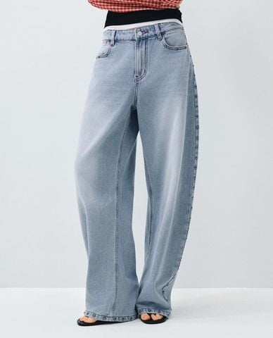  URBAN REVIVO - Quần jeans nữ ống rộng wash bạc 