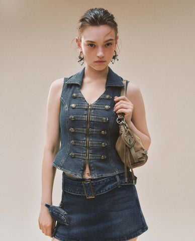  URBAN REVIVO - Áo khoác gilet nữ denim cổ bẻ khóa kéo 