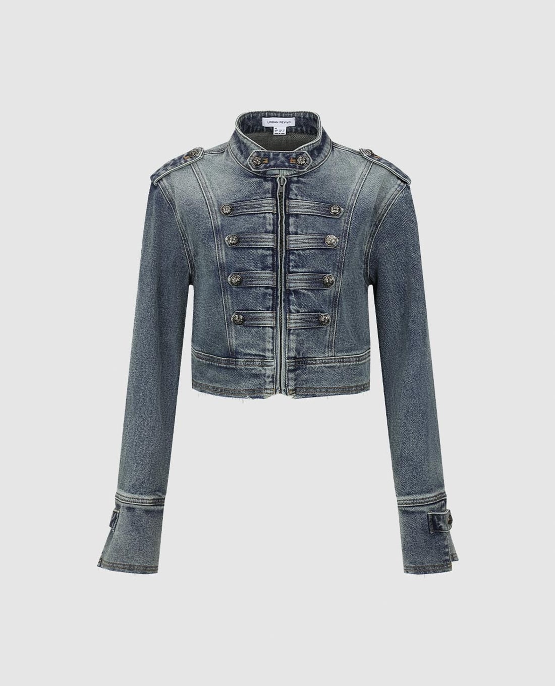 URBAN REVIVO - Áo khoác denim nữ cổ đứng tay dài phối nút