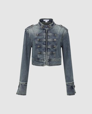  URBAN REVIVO - Áo khoác denim nữ cổ đứng tay dài phối nút 