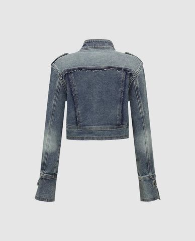  URBAN REVIVO - Áo khoác denim nữ cổ đứng tay dài phối nút 