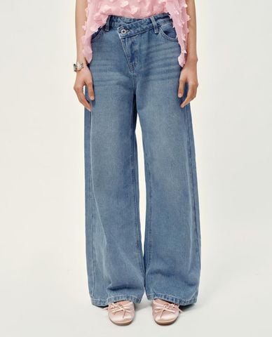  URBAN REVIVO - Quần jeans nữ ống rộng cạp chéo 