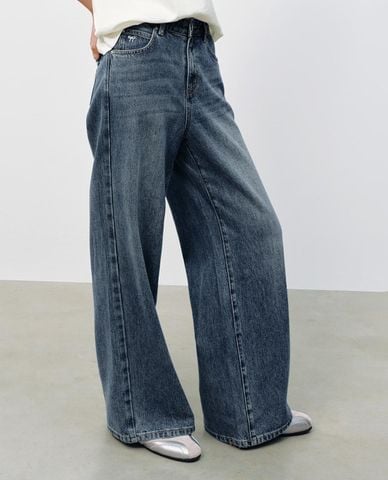  URBAN REVIVO - Quần jeans nữ ống rộng wash bạc 