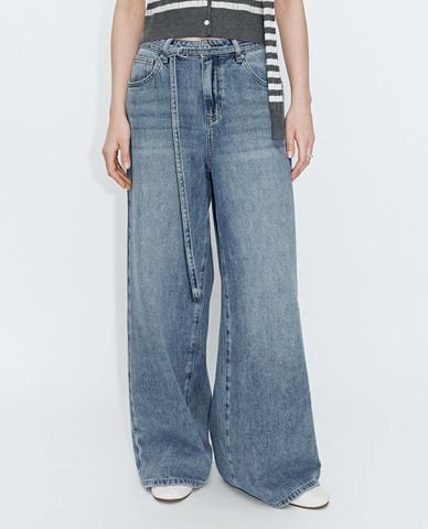  URBAN REVIVO - Quần jeans nữ ống rộng wash bạc 