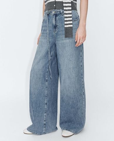  URBAN REVIVO - Quần jeans nữ ống rộng wash bạc 