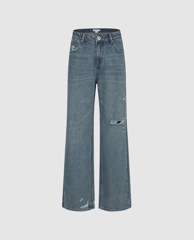  URBAN REVIVO - Quần jeans nữ ống rộng wash bạc rách gối 