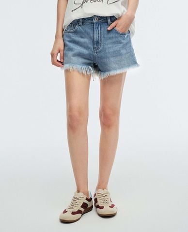  URBAN REVIVO - Quần short jeans nữ wash bạc tua rua 