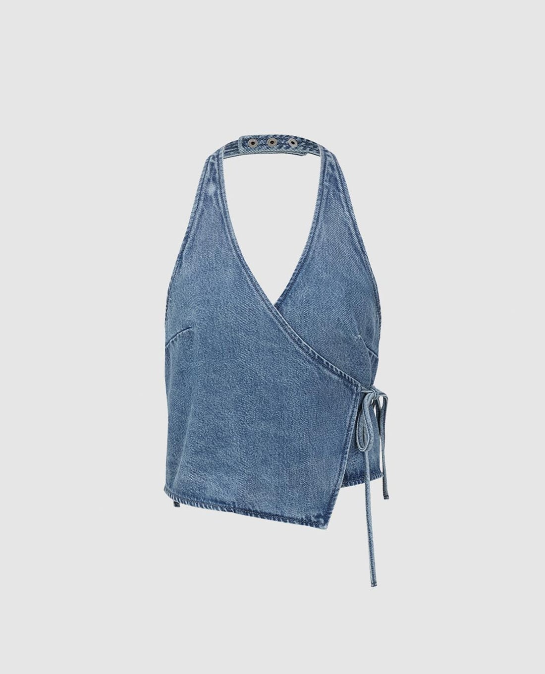 URBAN REVIVO - Áo kiểu nữ denim cổ yếm buộc dây