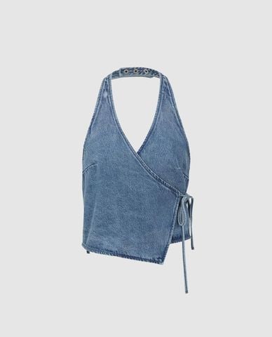  URBAN REVIVO - Áo kiểu nữ denim cổ yếm buộc dây 