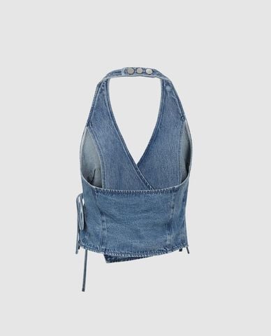  URBAN REVIVO - Áo kiểu nữ denim cổ yếm buộc dây 