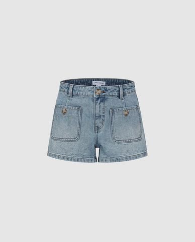  URBAN REVIVO - Quần short jeans nữ túi đắp khuy vân 