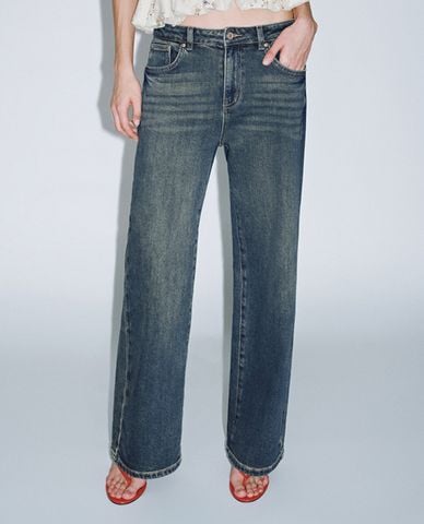  URBAN REVIVO - Quần jeans nữ ống đứng wash bạc 