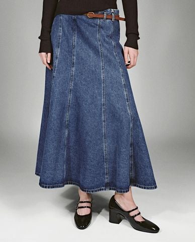 URBAN REVIVO - Chân váy denim midi phối thắt lưng 
