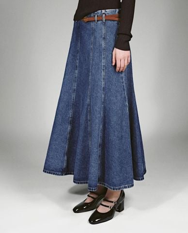  URBAN REVIVO - Chân váy denim midi phối thắt lưng 