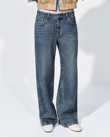  URBAN REVIVO - Quần jeans nữ ống rộng wash bạc 