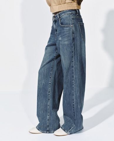  URBAN REVIVO - Quần jeans nữ ống rộng wash bạc 