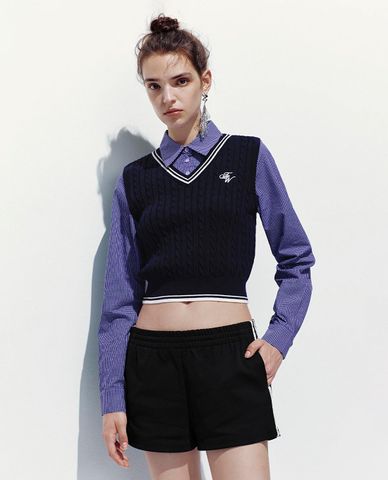  URBAN REVIVO - Áo dệt kim nữ cổ bẻ tay dài 2 In 1 