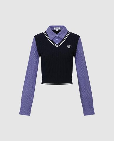  URBAN REVIVO - Áo dệt kim nữ cổ bẻ tay dài 2 In 1 