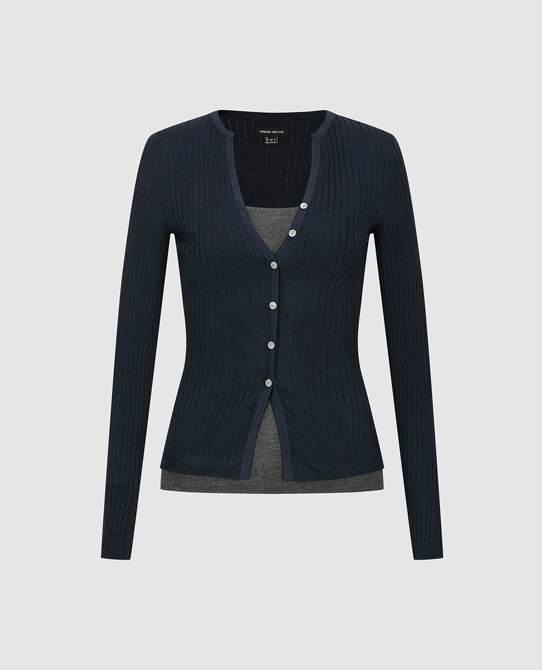 URBAN REVIVO - Áo dệt kim nữ cổ V tay dài phối layer
