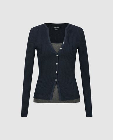  URBAN REVIVO - Áo dệt kim nữ cổ V tay dài phối layer 