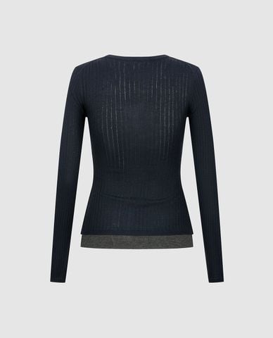  URBAN REVIVO - Áo dệt kim nữ cổ V tay dài phối layer 